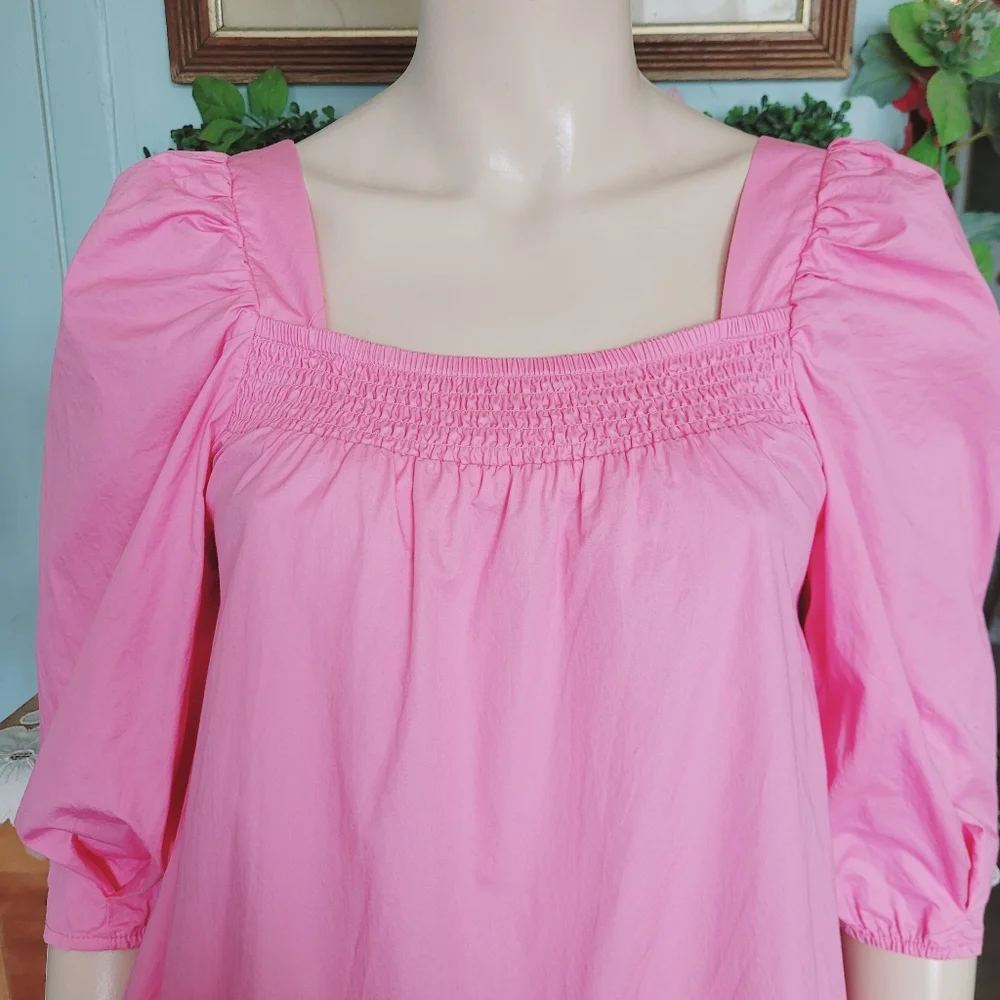 Smocked Peasant Blouse With Puff Sleeves Cotton Pink Small Cottagecore - Picture 6 of 14